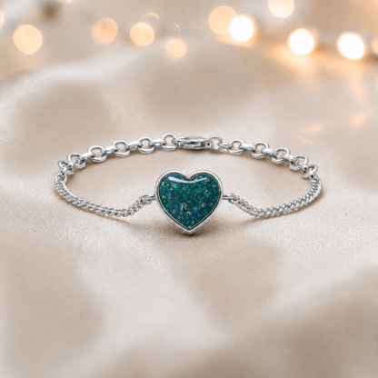 Lyra Bracelet — silver heart ashes memorial bracelet in teal mist, handcrafted in Lancashire, UK - by Keepsake Memorial Jewellery