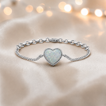 Lyra Bracelet — silver heart ashes memorial bracelet in white snow, handcrafted in Lancashire, UK - by Keepsake Memorial Jewellery