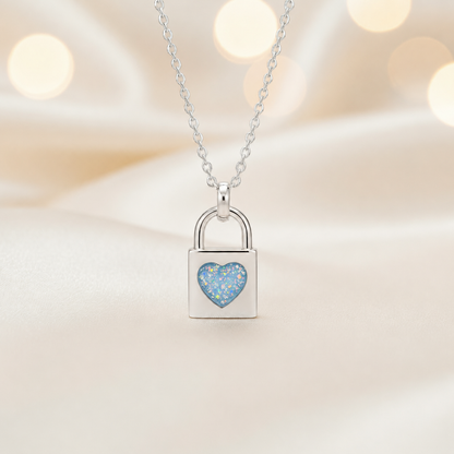 Mara sterling silver heart padlock pendant in baby blue, handcrafted in Lancashire UK