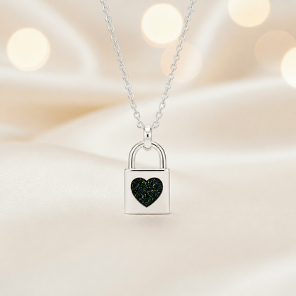 Mara sterling silver heart padlock pendant in black flame, handcrafted in Lancashire UK