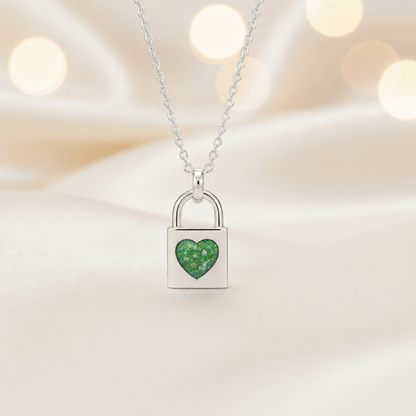 Mara sterling silver heart padlock pendant in fruit green, handcrafted in Lancashire UK