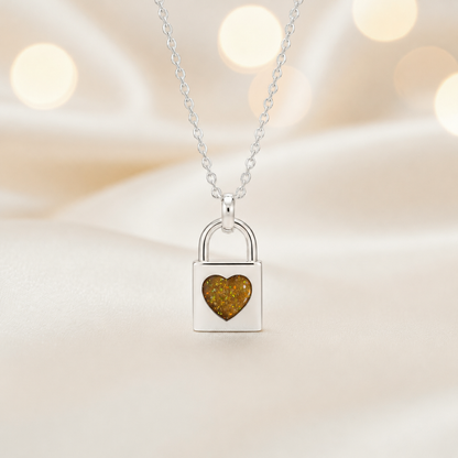 Mara sterling silver heart padlock pendant in gold olive, handcrafted in Lancashire UK