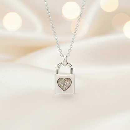 Mara sterling silver heart padlock pendant in natural ash, handcrafted in Lancashire UK