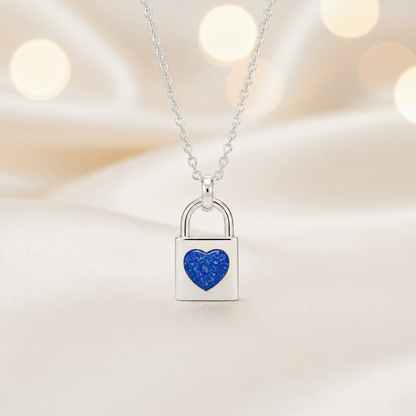 Mara sterling silver heart padlock pendant in royal blue, handcrafted in Lancashire UK