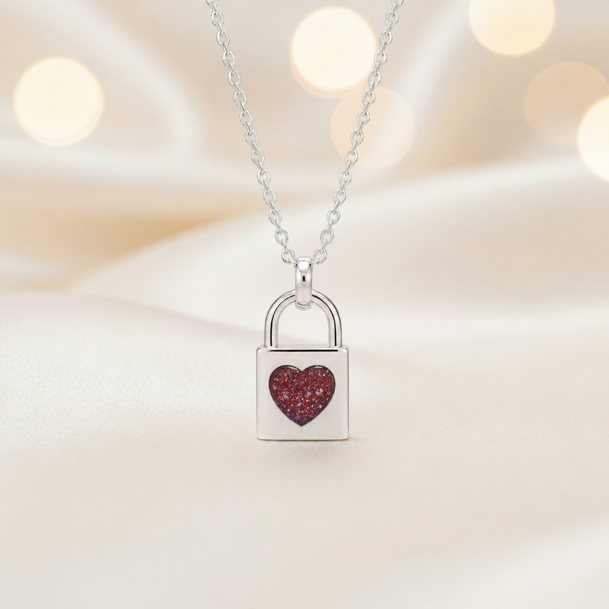 Mara sterling silver heart padlock pendant in ruby red, handcrafted in Lancashire UK