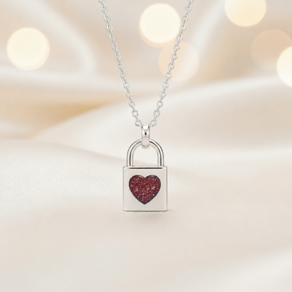 Mara sterling silver heart padlock pendant in ruby red, handcrafted in Lancashire UK