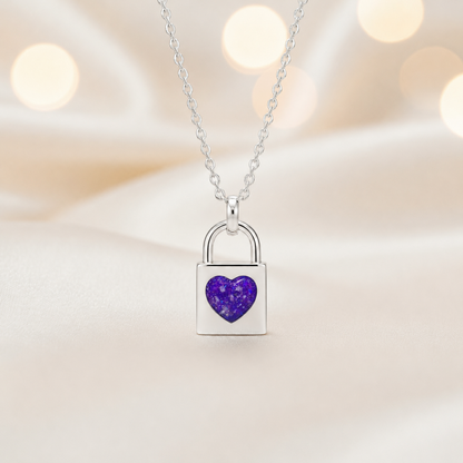 Mara sterling silver heart padlock pendant in sleepy lavender, handcrafted in Lancashire UK