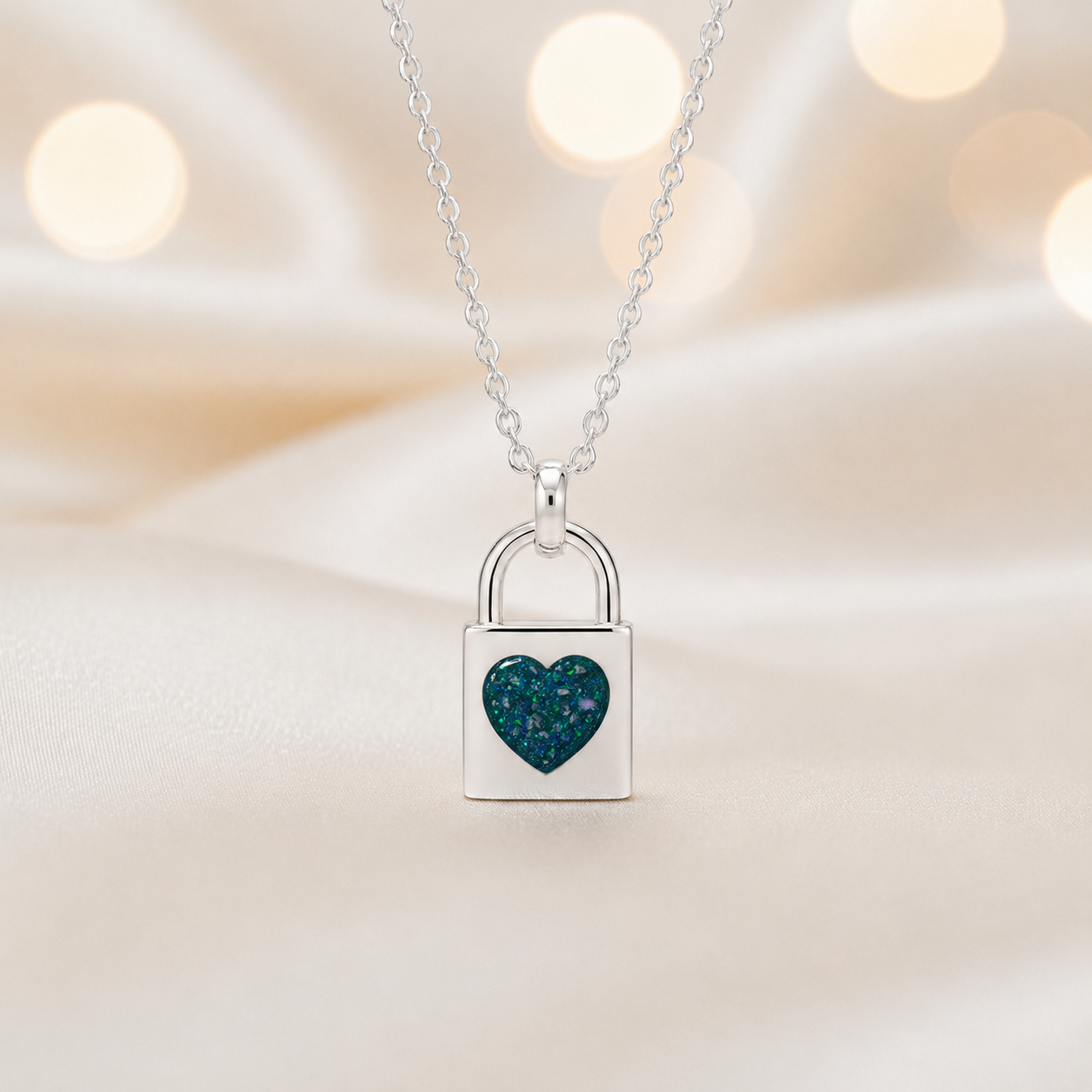 Mara sterling silver heart padlock pendant in teal mist, handcrafted in Lancashire UK