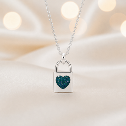 Mara sterling silver heart padlock pendant in teal mist, handcrafted in Lancashire UK