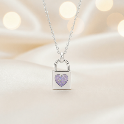 Mara sterling silver heart padlock pendant in unicorn purple, handcrafted in Lancashire UK