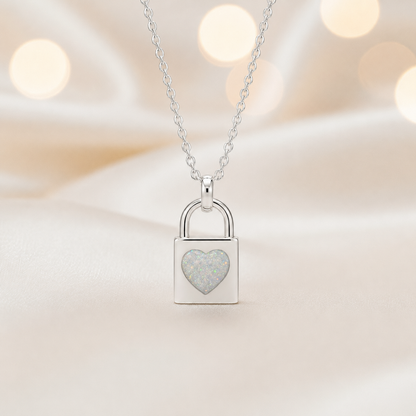 Mara sterling silver heart padlock pendant in white snow, handcrafted in Lancashire UK