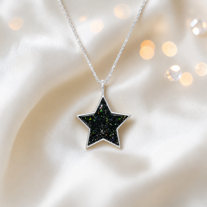 Merak sterling silver star memorial pendant in black flame, handcrafted in Lancashire, UK