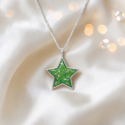 Merak sterling silver star memorial pendant in fruit green, handcrafted in Lancashire, UK