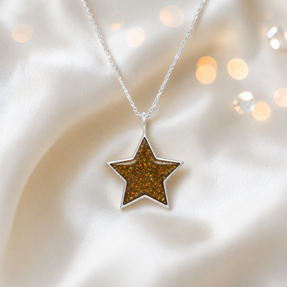 Merak sterling silver star memorial pendant in gold olive, handcrafted in Lancashire, UK