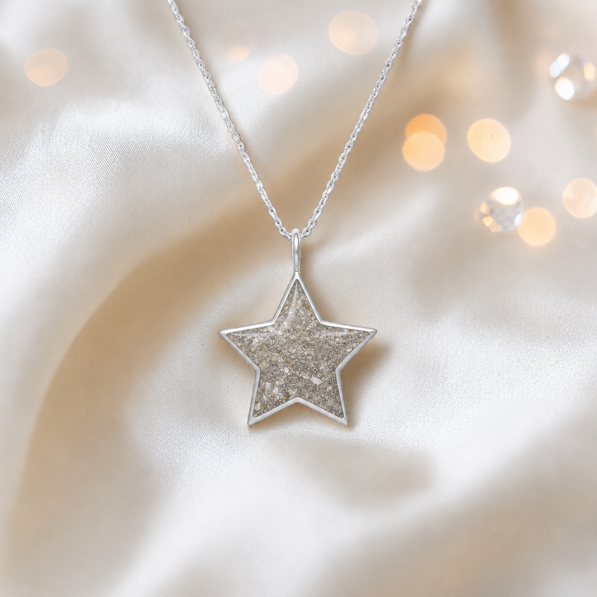 Merak sterling silver star memorial pendant in natural ash, handcrafted in Lancashire, UK