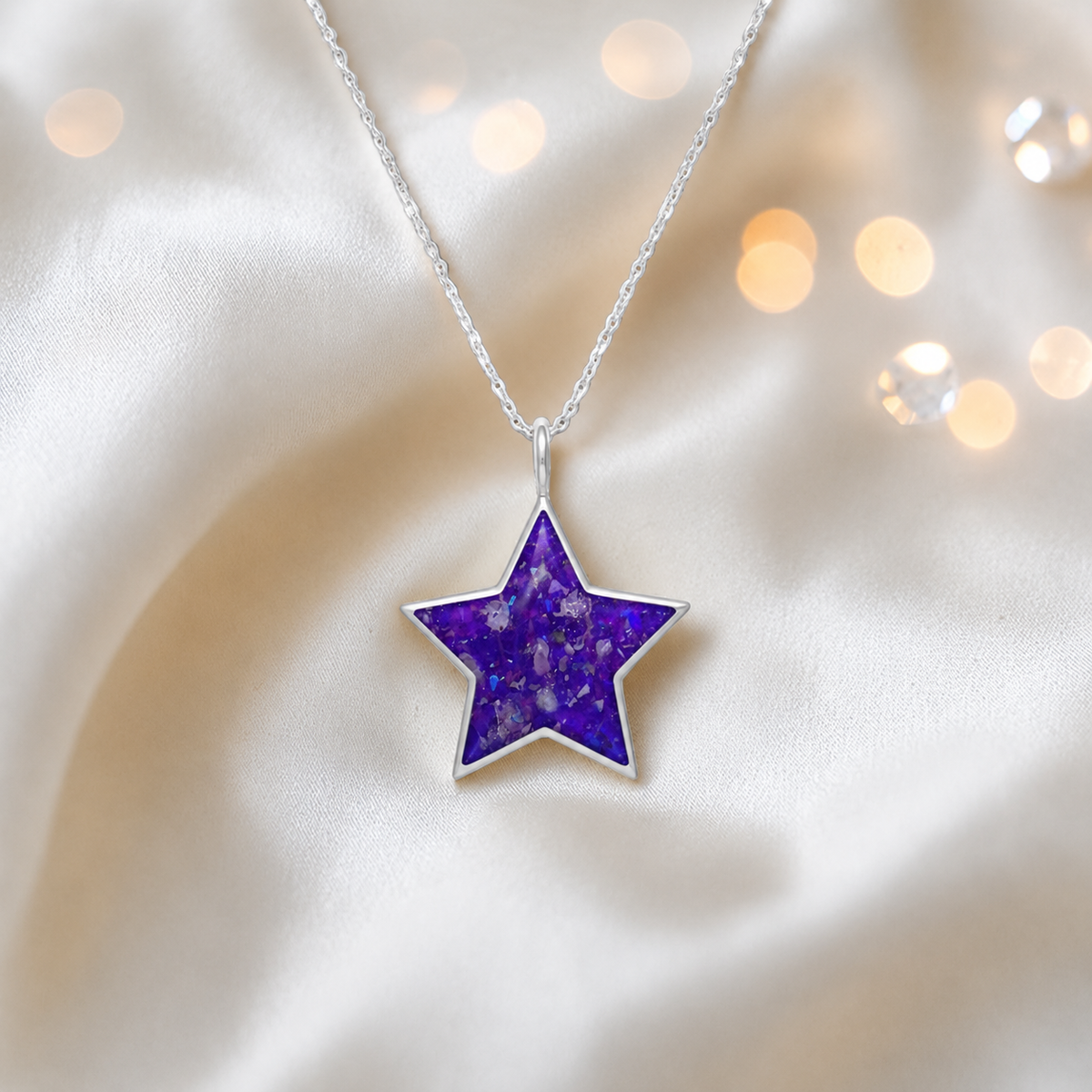 Merak sterling silver star memorial pendant in sleepy lavender, handcrafted in Lancashire, UK
