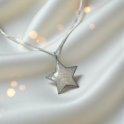 Merak sterling silver star memorial pendant in white snow, handcrafted in Lancashire, UK