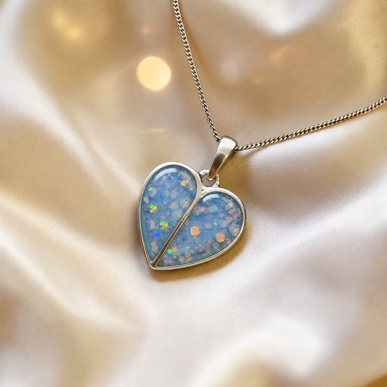Miara split heart memorial pendant in baby blue, handcrafted in Lancashire UK - by Keepsake Memorial Jewellery