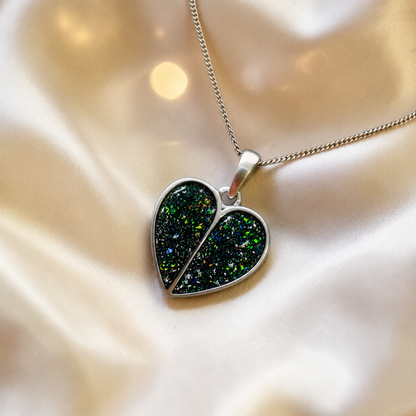 Miara split heart memorial pendant in black flame, handcrafted in Lancashire UK - by Keepsake Memorial Jewellery