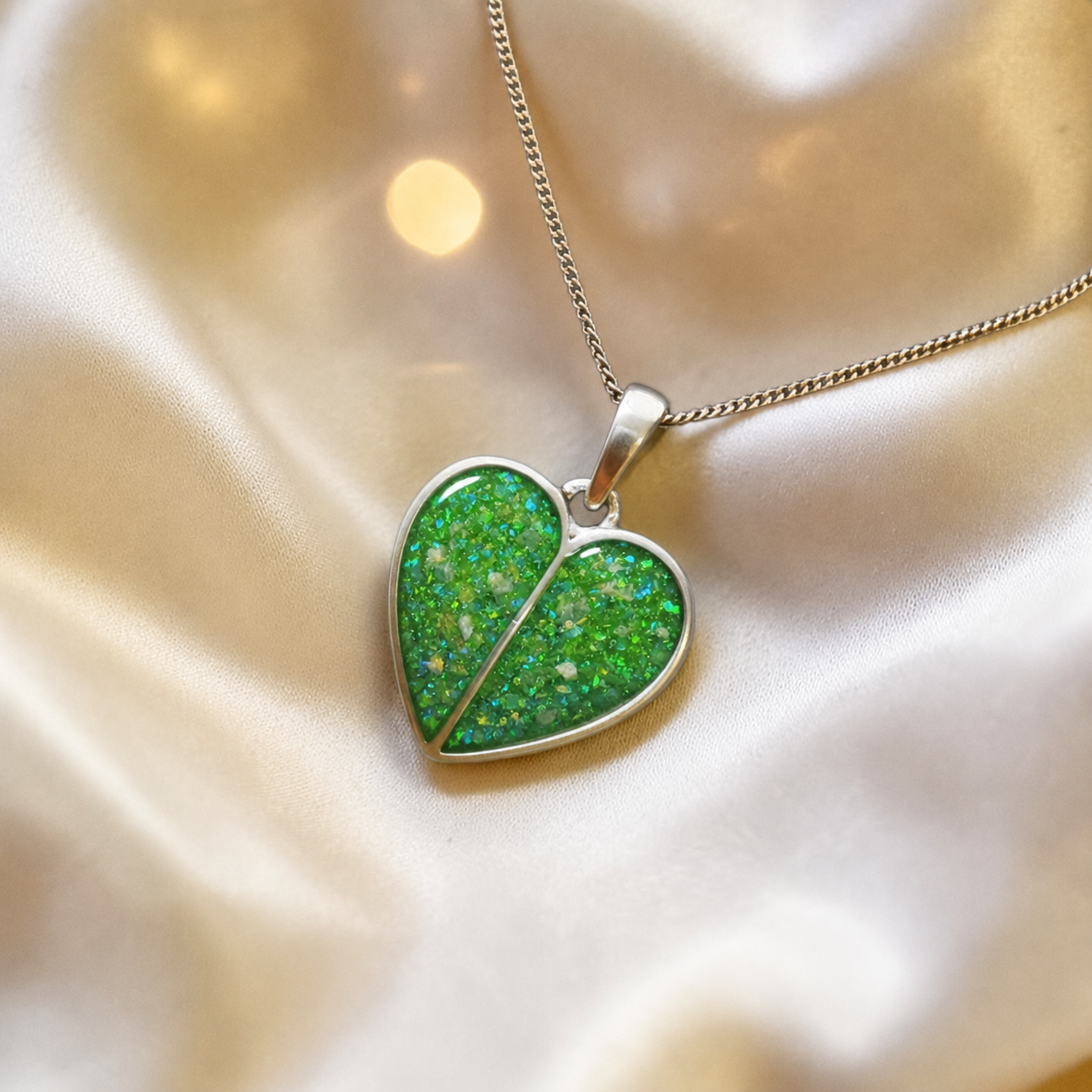 Miara split heart memorial pendant in fruit green, handcrafted in Lancashire UK - by Keepsake Memorial Jewellery