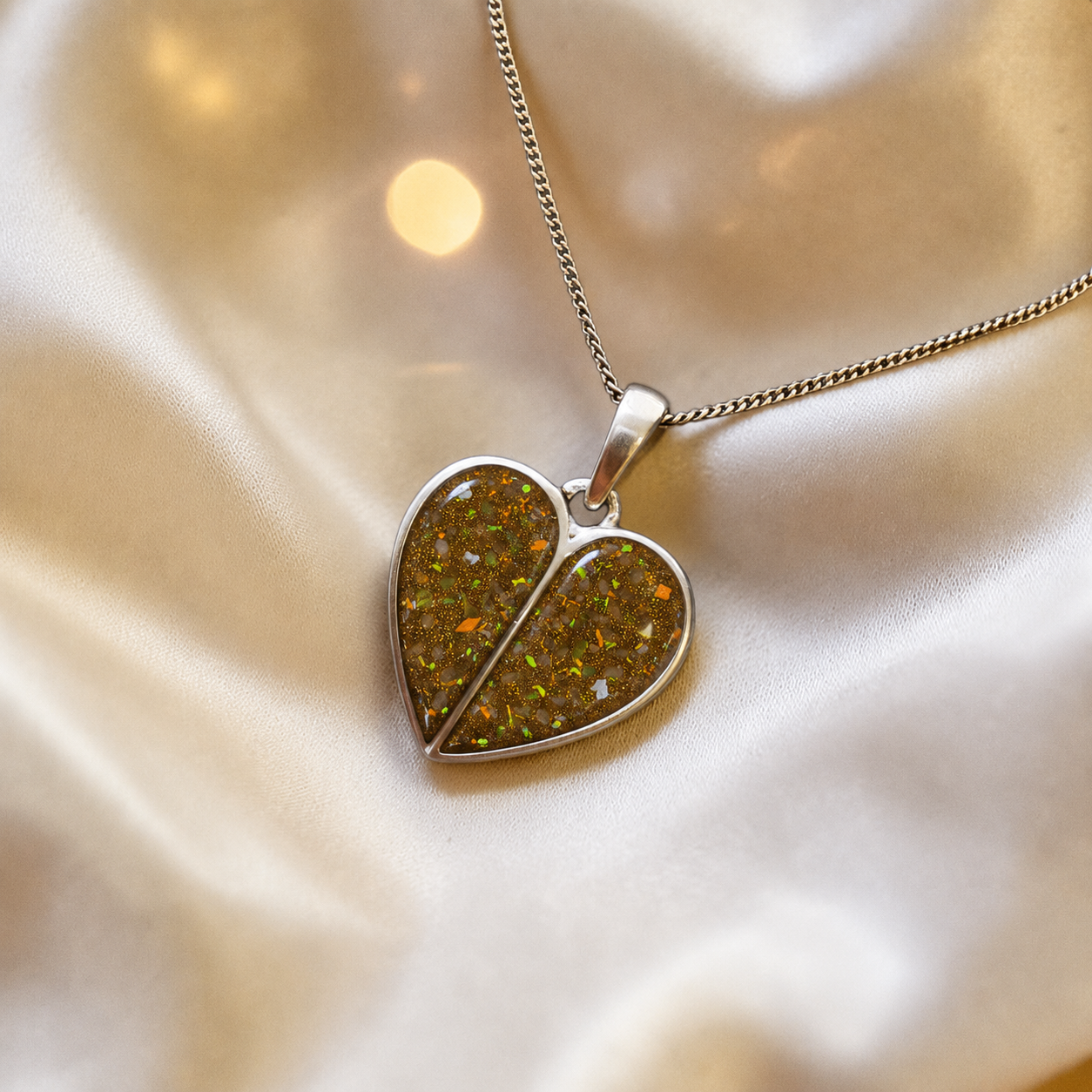 Miara split heart memorial pendant gold olive, handcrafted in Lancashire UK - by Keepsake Memorial Jewellery