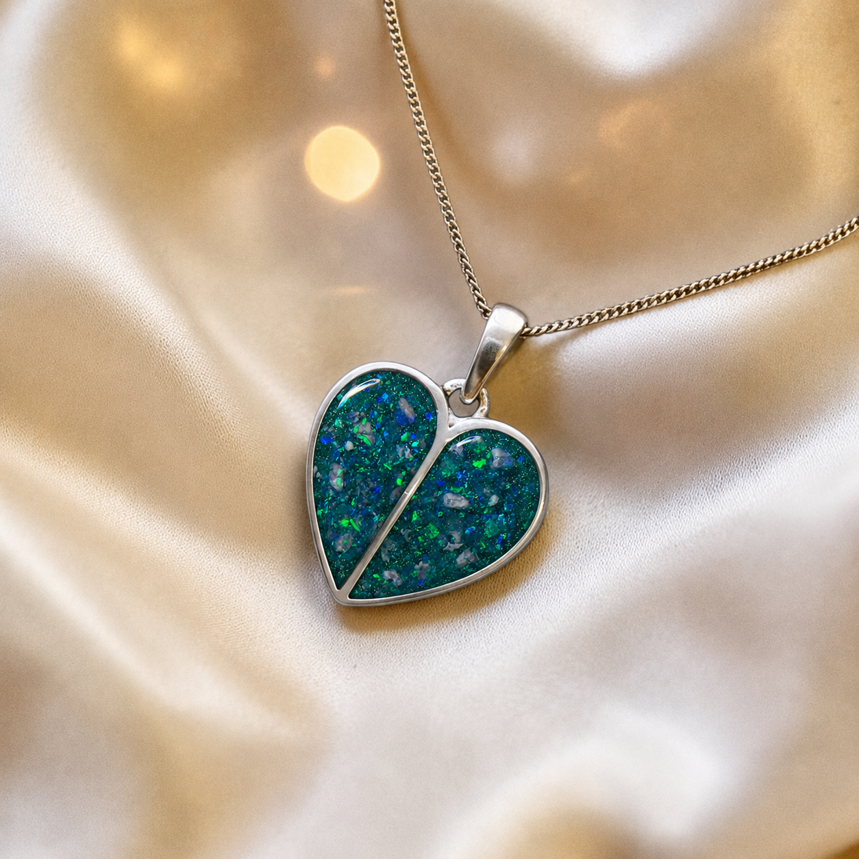 Miara split heart memorial pendant in teal mist, handcrafted in Lancashire UK - by Keepsake Memorial Jewellery