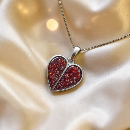 Miara split heart memorial pendant in ruby red, handcrafted in Lancashire UK - by Keepsake Memorial Jewellery