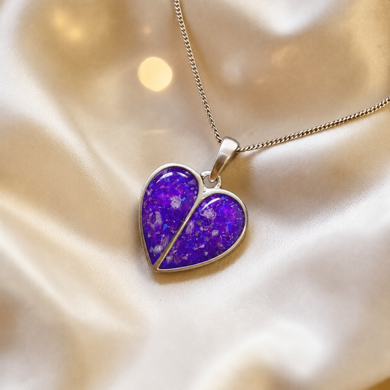 Miara split heart memorial pendant in sleepy lavender, handcrafted in Lancashire UK - by Keepsake Memorial Jewellery