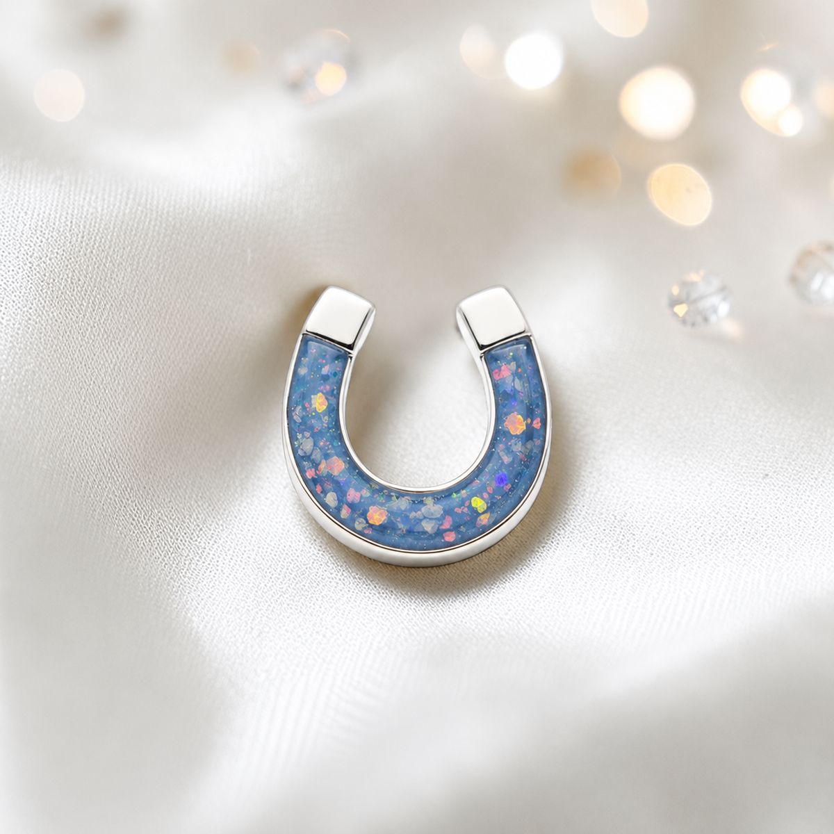 Midnight Stock Pin — silver horseshoe ashes memorial stock pin, in baby blue, handcrafted in Lancashire, UK - by Keepsake Memorial Jewellery