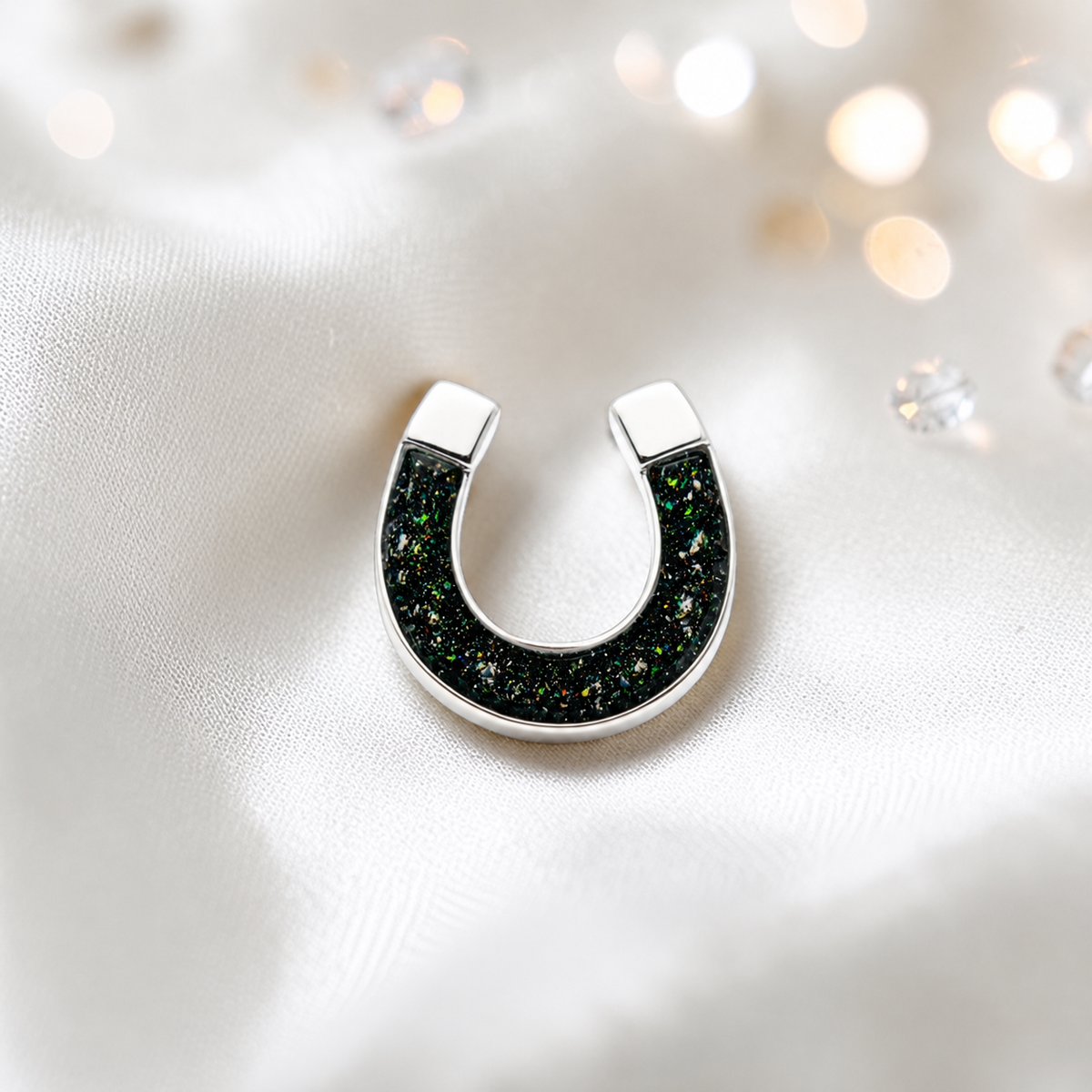 Midnight Stock Pin — silver horseshoe ashes memorial stock pin, in black flame, handcrafted in Lancashire, UK - by Keepsake Memorial Jewellery
