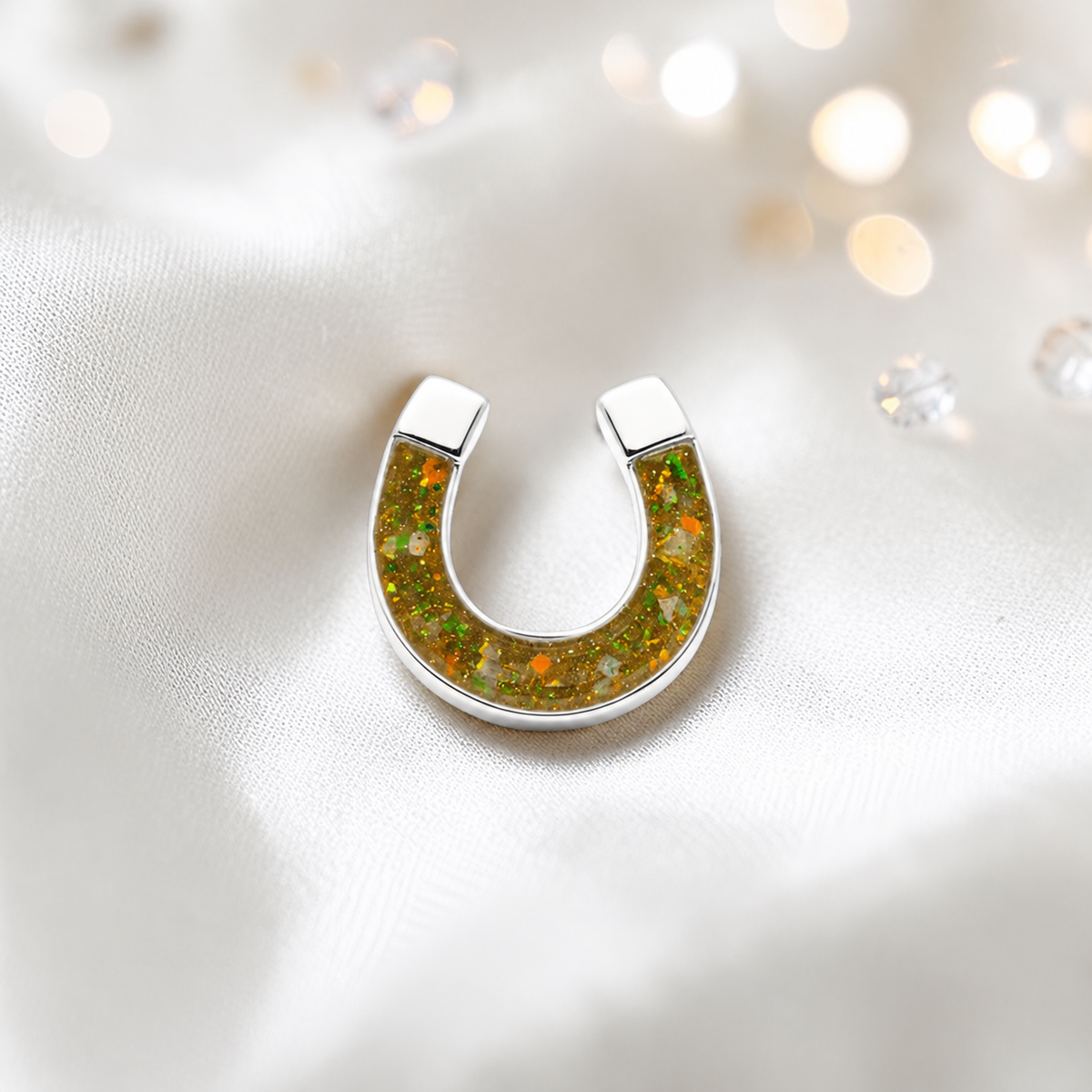 Midnight Stock Pin — silver horseshoe ashes memorial stock pin, in gold olive, handcrafted in Lancashire, UK - by Keepsake Memorial Jewellery