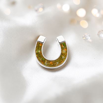 Midnight Stock Pin — silver horseshoe ashes memorial stock pin, in gold olive, handcrafted in Lancashire, UK - by Keepsake Memorial Jewellery