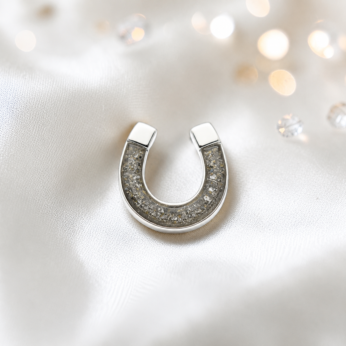 Midnight Stock Pin — silver horseshoe ashes memorial stock pin, in natural ash, handcrafted in Lancashire, UK - by Keepsake Memorial Jewellery