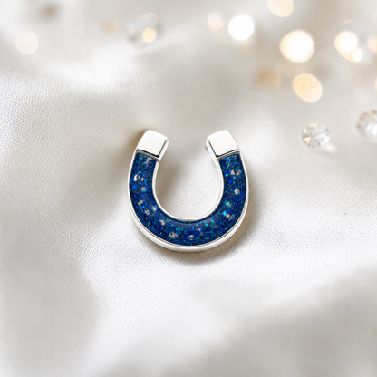 Midnight Stock Pin — silver horseshoe ashes memorial stock pin, in sapphire glow, handcrafted in Lancashire, UK - by Keepsake Memorial Jewellery