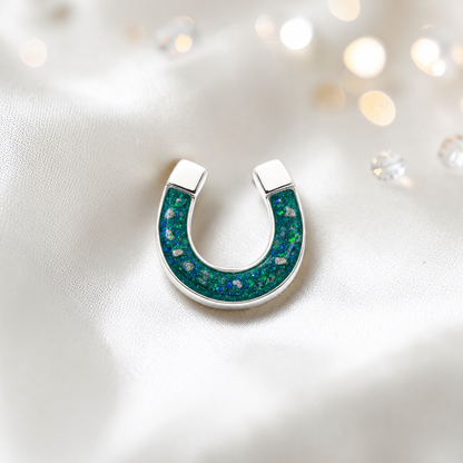 Midnight Stock Pin — silver horseshoe ashes memorial stock pin, in teal mist, handcrafted in Lancashire, UK - by Keepsake Memorial Jewellery