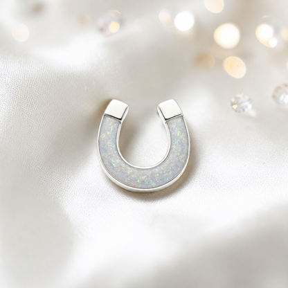 Midnight Stock Pin — silver horseshoe ashes memorial stock pin, in white snow, handcrafted in Lancashire, UK - by Keepsake Memorial Jewellery