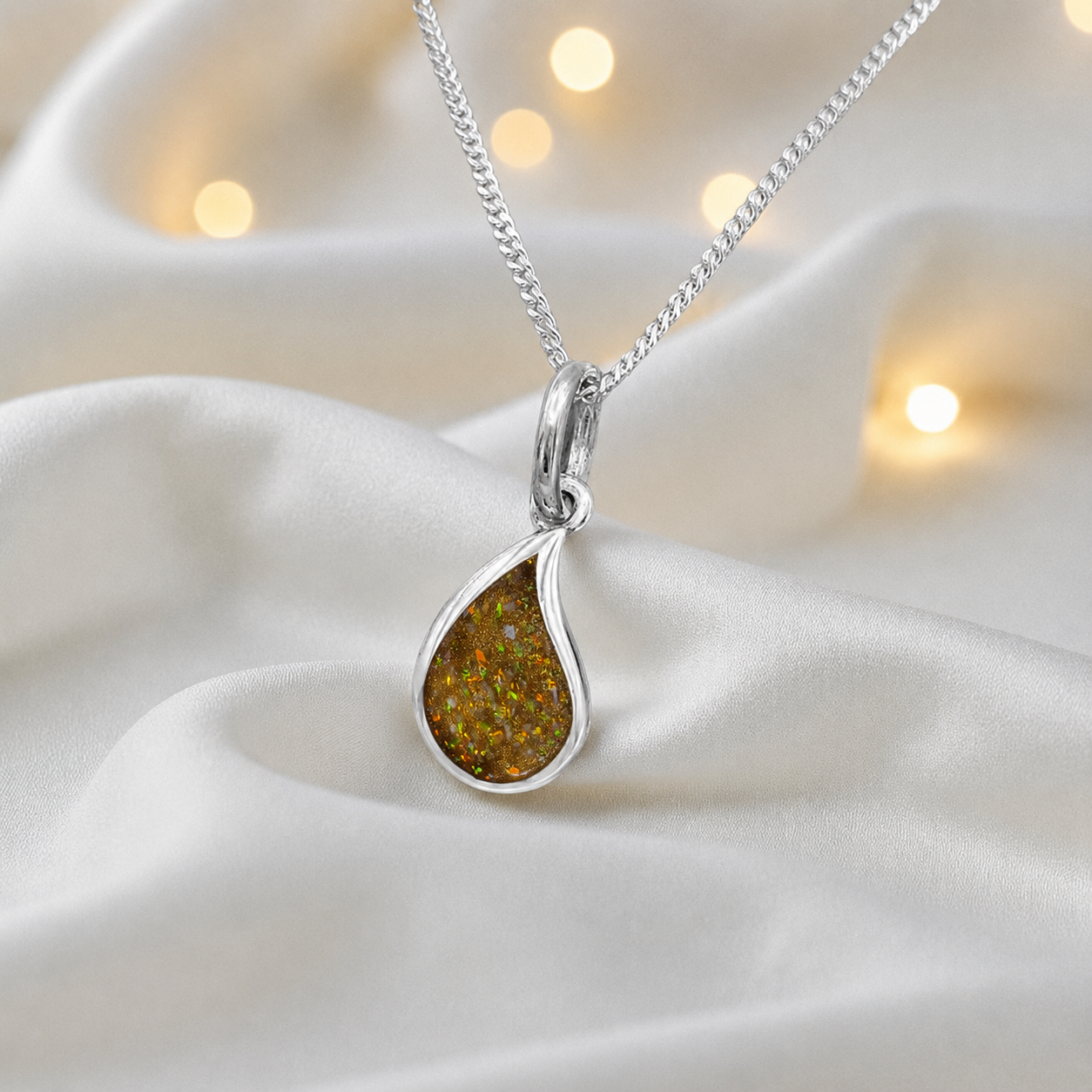 Milky teardrop memorial ashes pendant in gold olive, handcrafted in Lancashire UK - by Keepsake Memorial Jewellery