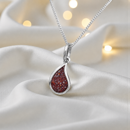 Milky teardrop memorial ashes pendant in ruby red, handcrafted in Lancashire UK - by Keepsake Memorial Jewellery