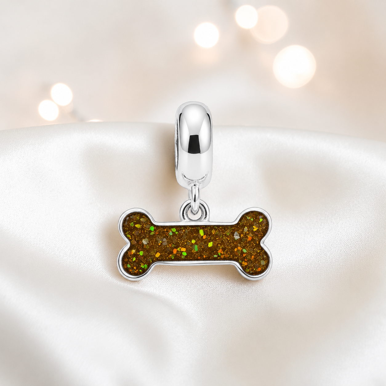 Milo silver dog bone ashes charm, in gold olive, handcrafted in Lancashire UK - by Keepsake Memorial Jewellery 