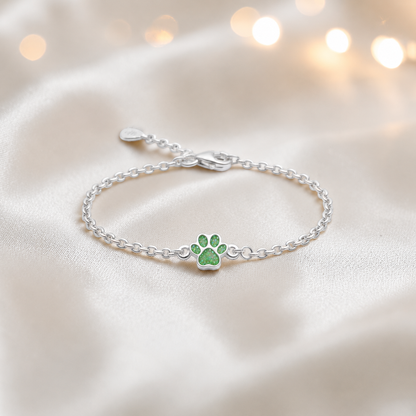 Molly paw ashes bracelet, in fruit green, handcrafted in Lancashire UK - by Keepsake Memorial Jewellery