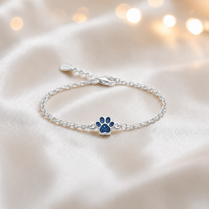 Molly paw ashes bracelet, in sapphire glow, handcrafted in Lancashire UK - by Keepsake Memorial Jewellery