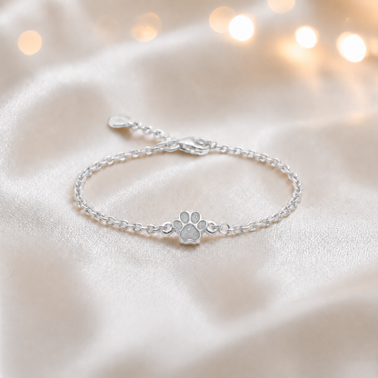 Molly paw ashes bracelet, in white snow, handcrafted in Lancashire UK - by Keepsake Memorial Jewellery