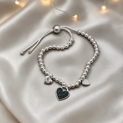 Nova memorial bracelet - three hearts beaded draw string bracelet, in black flame, handcrafted in Lancashire UK - by Keepsake Memorial Jewellery