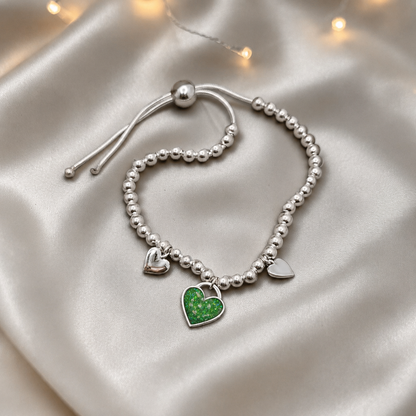 Nova memorial bracelet - three hearts beaded draw string bracelet, in fruit green, handcrafted in Lancashire UK - by Keepsake Memorial Jewellery