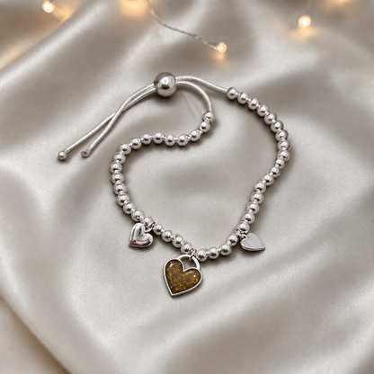 Nova memorial bracelet - three hearts beaded draw string bracelet, in gold olive, handcrafted in Lancashire UK - by Keepsake Memorial Jewellery