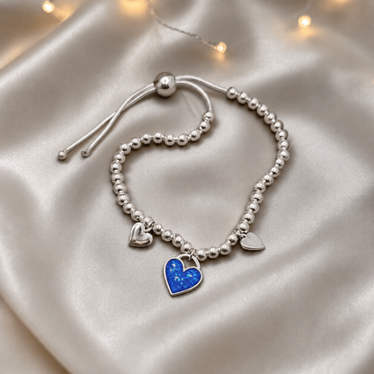 Nova memorial bracelet - three hearts beaded draw string bracelet, in royal blue, handcrafted in Lancashire UK - by Keepsake Memorial Jewellery