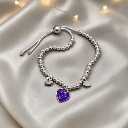 Nova memorial bracelet - three hearts beaded draw string bracelet, in sleepy lavender, handcrafted in Lancashire UK - by Keepsake Memorial Jewellery