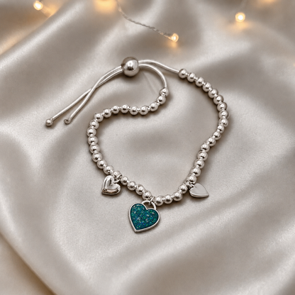 Nova memorial bracelet - three hearts beaded draw string bracelet, in teal mist, handcrafted in Lancashire UK - by Keepsake Memorial Jewellery