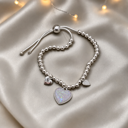 Nova memorial bracelet - three hearts beaded draw string bracelet, in white snow, handcrafted in Lancashire UK - by Keepsake Memorial Jewellery