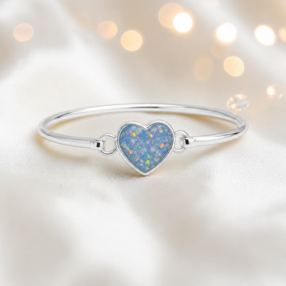 Nyx Bangle — silver heart shaped ashes memorial bangle in baby blue, handcrafted in Lancashire, UK - by Keepsake Memorial Jewellery